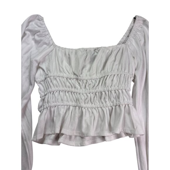 Forever 21 Smocked Cropped Peasant Top S Keyhole Tie Front White Festival Boho - Picture 4 of 6